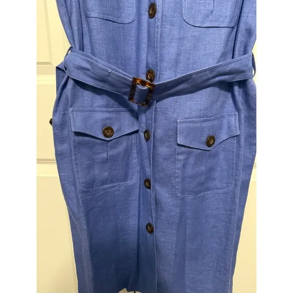 Maggy London Petties Sleeveless Belted Shirt Dress Blue Size 12 100% Linen - Picture 2 of 13